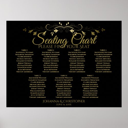 Gold  Black Elegant 7 Table Wedding Seating Chart
