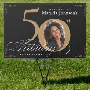 Gold Black Elegant Calligraphy Photo 50th Birthday Sign