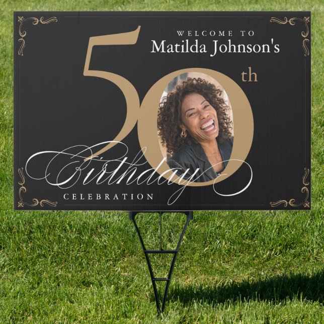 Gold Black Elegant Calligraphy Photo 50th Birthday Sign (Insitu)