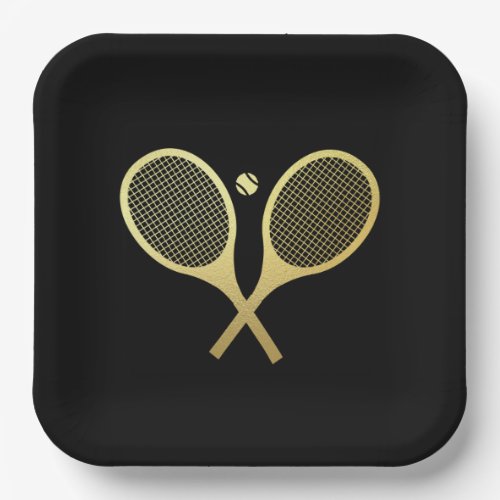 Gold Black Elegant Classic Tennis Rackets Ball   Paper Plates