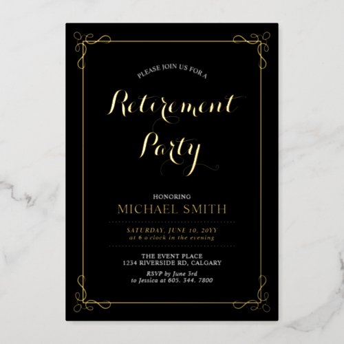 Gold  Black  Elegant Classy Retirement Party Foil Invitation