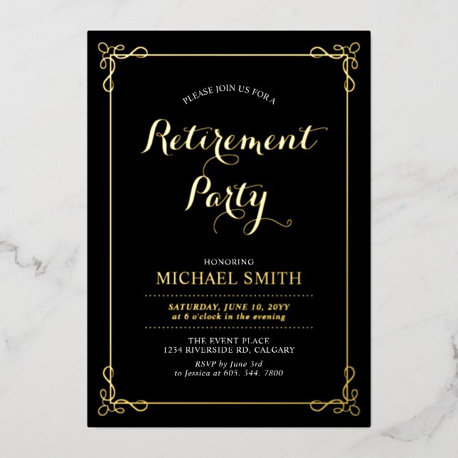 Gold & Black | Elegant Classy Retirement Party Foil Invitation (Front)