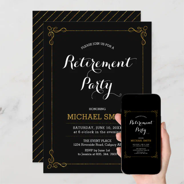 Gold & Black | Elegant Classy Retirement Party Invitation | Zazzle