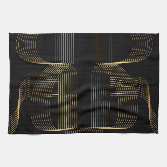 Gold, black, elegant, cool, unique trendy line art kitchen towel (Horizontal)