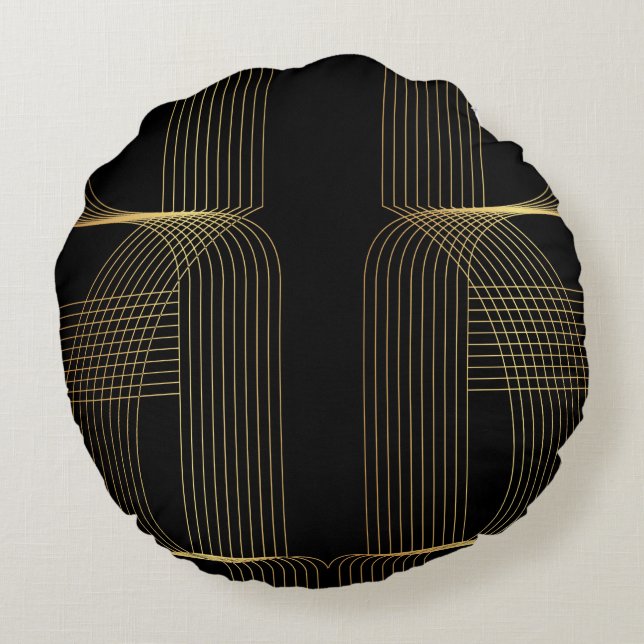 Gold, black, elegant, cool, unique trendy line art round pillow (Back)