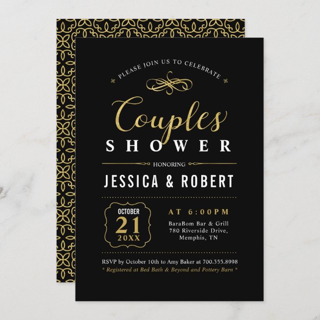 Gold & Black | Elegant Couples Wedding Shower Invitation (Front/Back)