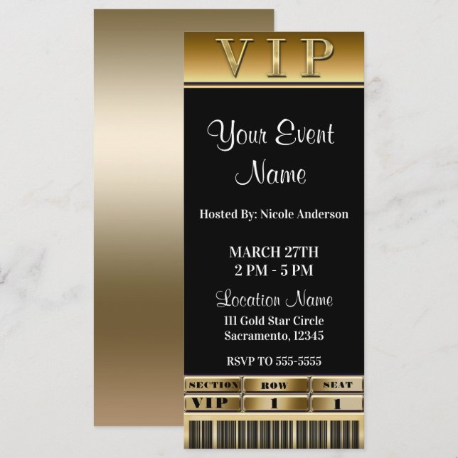 Gold & Black Elegant Dinner Party VIP Ticket Invitation (Front/Back)