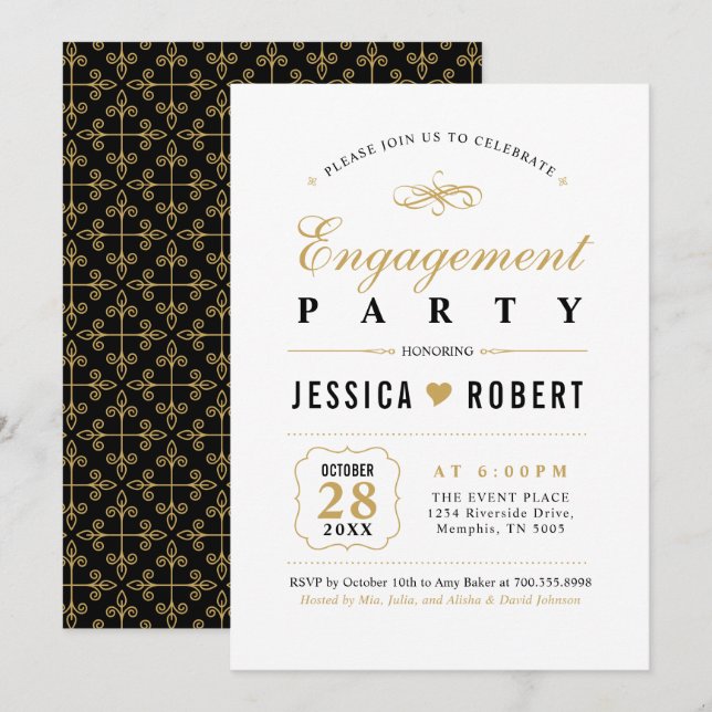Gold & Black | Elegant Engagement Party Invitation (Front/Back)