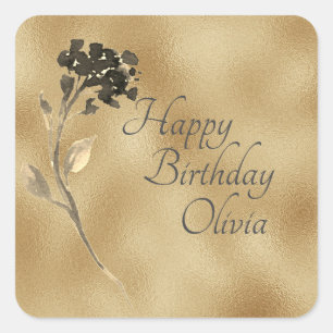 Gold Black Elegant Floral Watercolor Square Sticker