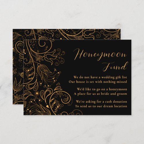Gold Black Elegant Floral Wedding Honeymoon Fund Enclosure Card