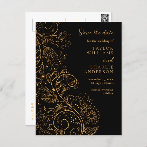 Gold Black Elegant Floral Wedding Save The Date Postcard