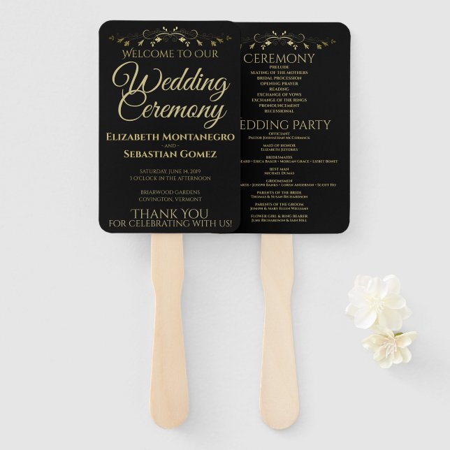 Gold & Black Elegant Flourish Wedding Program Hand Fan (Front and Back)
