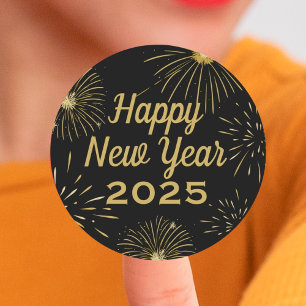 Gold Black Elegant Happy New Year 2025 Party Classic Round Sticker