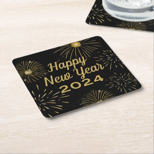 Gold Black Elegant Happy New Year Party 2024 Square Paper Coaster