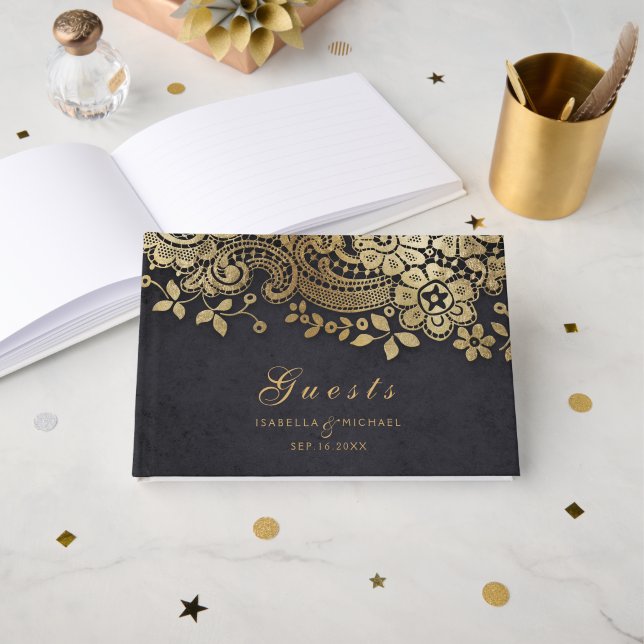 Gold black elegant lace wedding guest book (Front Open)