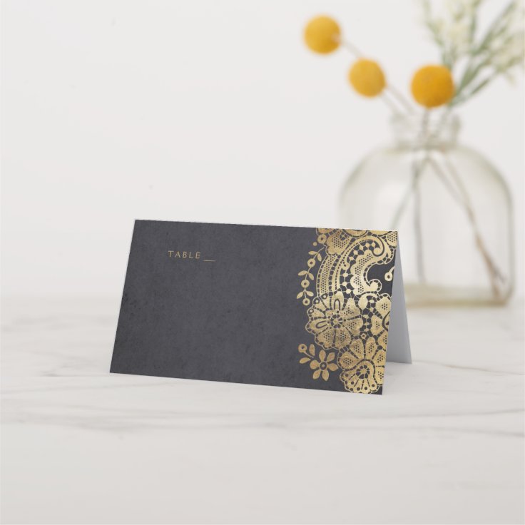 Gold Black Elegant Lace Wedding Place Cards | Zazzle