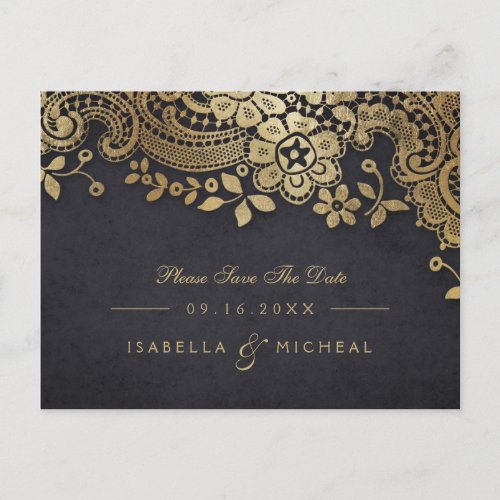 Gold black elegant lace wedding save the date announcement postcard