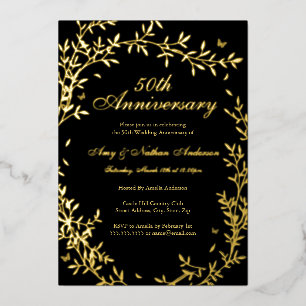 Gold Black Elegant Leaf 50th Wedding Anniversary  Foil Invitation