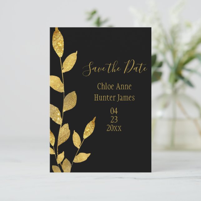Gold Black Elegant Leaf Modern Chic Save The Date (Standing Front)