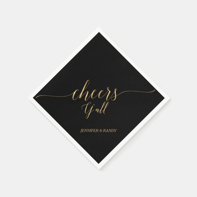Gold & Black | Elegant Lettering Cheers Y' all Napkins (Corner)