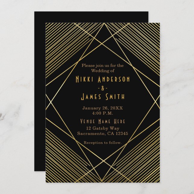 Gold & Black Elegant Modern Glam Deco Invitation (Front/Back)