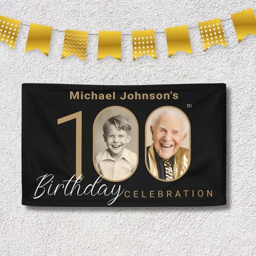 Gold Black Elegant Photo 100th Birthday Party Banner