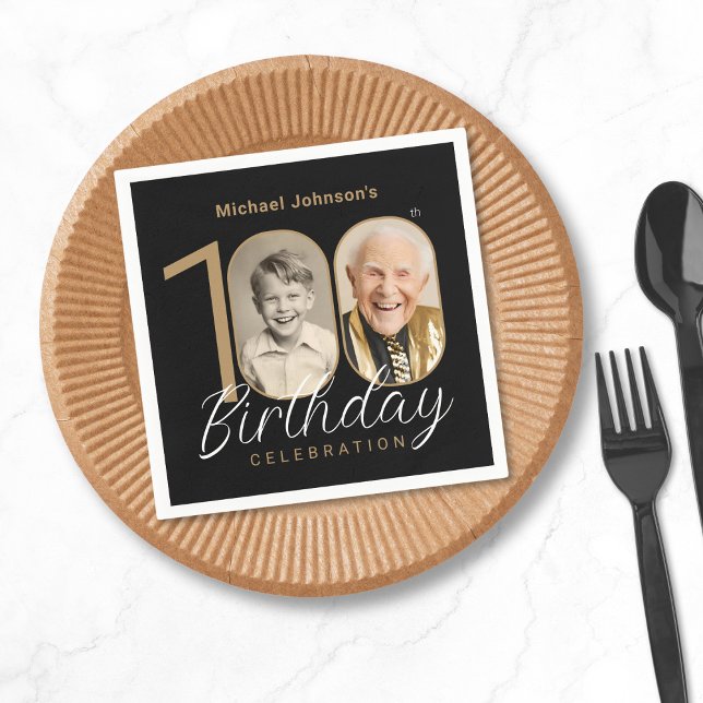 Gold Black Elegant Photo 100th Birthday Party Napkins (Mockup View)