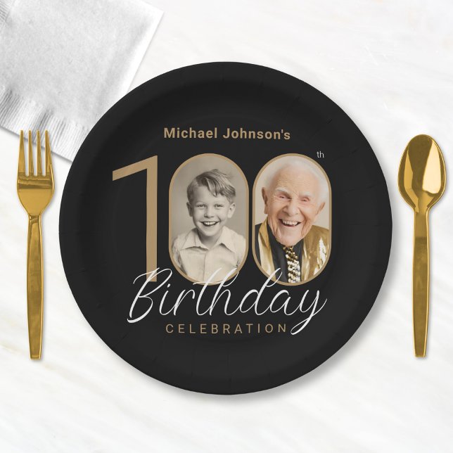 Gold Black Elegant Photo 100th Birthday Party Paper Plates (Mockup View)