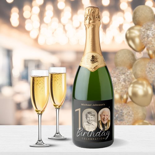 Gold Black Elegant Photo 100th Birthday Party Sparkling Wine Label