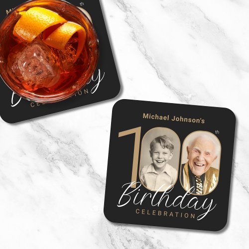 Gold Black Elegant Photo 100th Birthday Party Square Paper Coaster