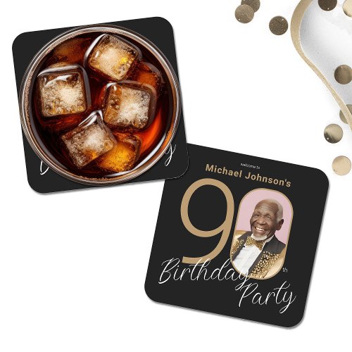Gold Black Elegant Photo 90th Birthday Party Square Paper Coaster