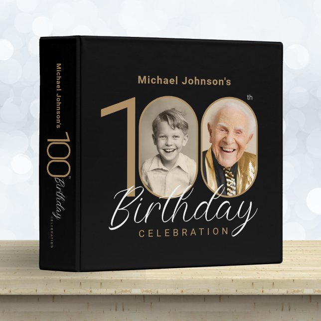 Gold Black Elegant Photo Album 100th Birthday Gift 3 Ring Binder (Mockup View)