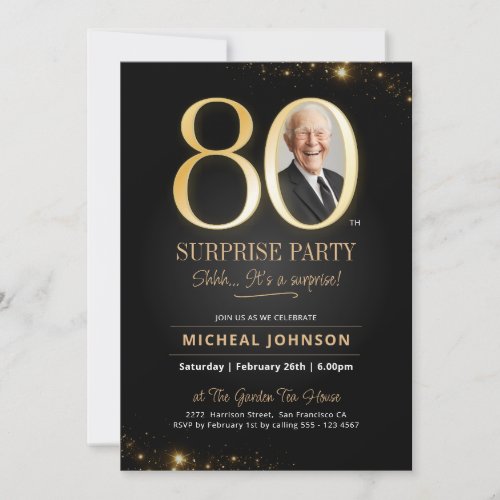 Gold Black Elegant Photo Surprise 80th Birthday Invitation