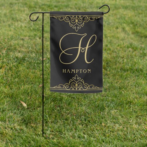 Gold Black Elegant Script Classy Monogrammed Garden Flag