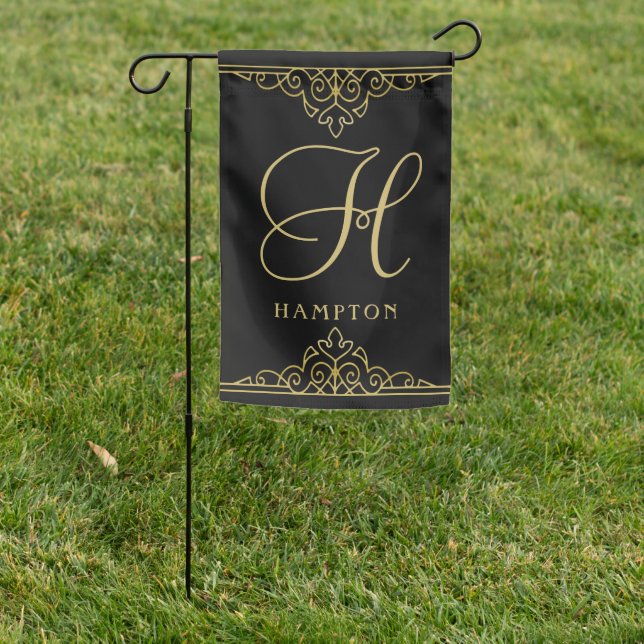 Gold Black Elegant Script Classy Monogrammed Garden Flag (In SItu)