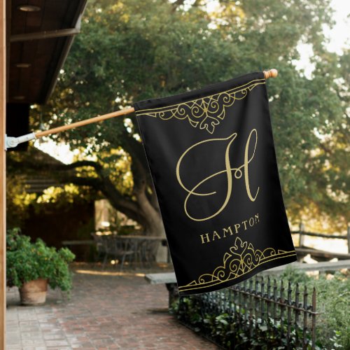 Gold Black Elegant Script Classy Monogrammed House Flag