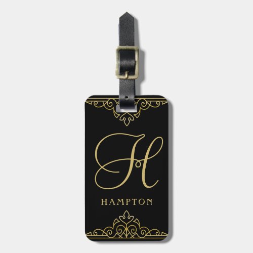 Gold Black Elegant Script Classy Monogrammed Luggage Tag