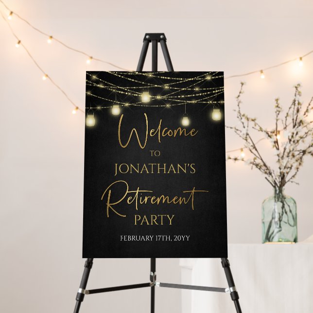 Gold Black Elegant Script Retirement Party Welcome Foam Board (In Situ (Stand))