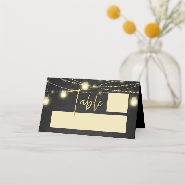 Gold Black Elegant Script String Lights Place Card (Front)