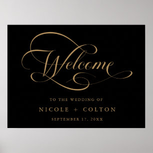Gold & Black Elegant Script Wedding Welcome Sign