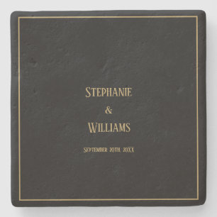 Gold Black Elegant Simple Name Wedding Gift Favor Stone Coaster