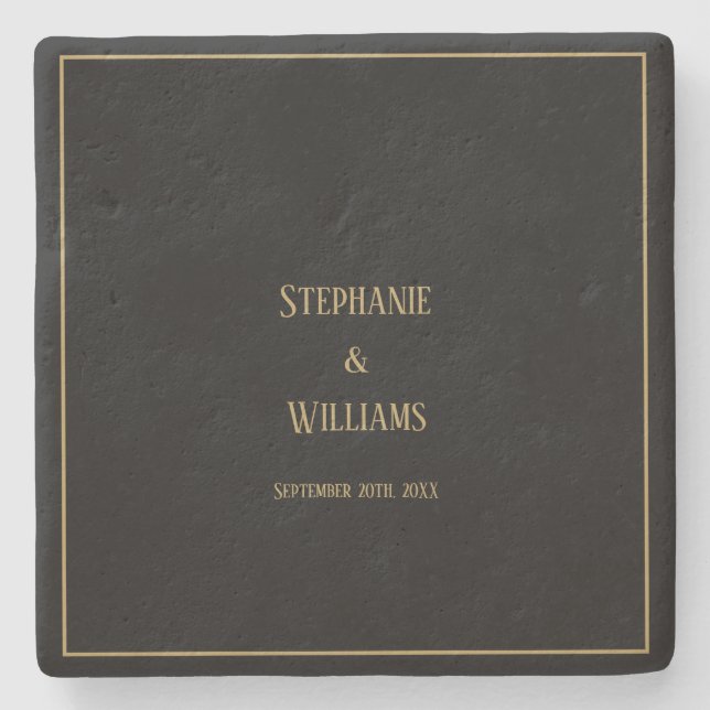 Gold Black Elegant Simple Name Wedding Gift Favor Stone Coaster (Front)