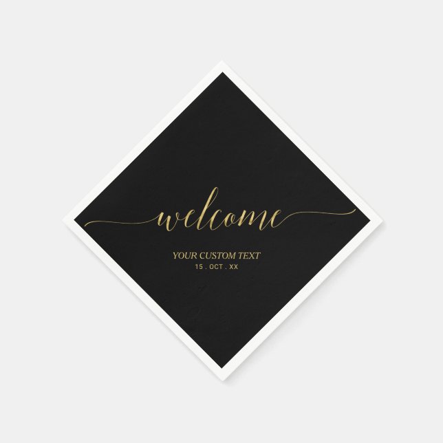 Gold Black Elegant Stylish Lettering Welcome Party Napkins (Corner)