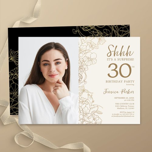 Gold Black Elegant Surprise Photo 30th Birthday Invitation