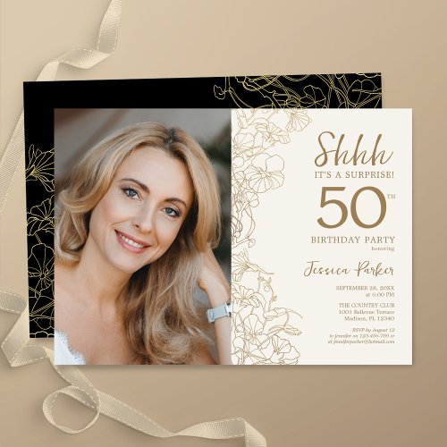 Gold Black Elegant Surprise Photo 50th Birthday Invitation