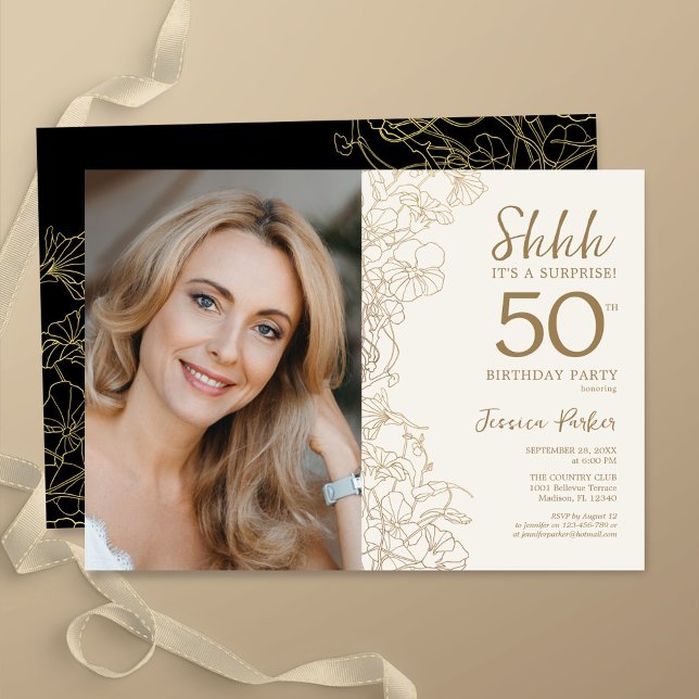 Gold Black Elegant Surprise Photo 50th Birthday Invitation (Creator Uploaded)