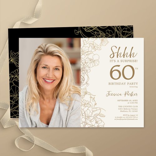 Gold Black Elegant Surprise Photo 60th Birthday Invitation