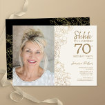 Gold Black Elegant Surprise Photo 70th Birthday Invitation<br><div class="desc">Floral gold cream and black surprise 70th birthday party invitation with your photo on the front of the card. Elegant modern design featuring botanical outline drawings accents and typography script font. Simple trendy invite card perfect for a stylish female bday celebration. Can be customized to any age. Printed Zazzle invitations...</div>