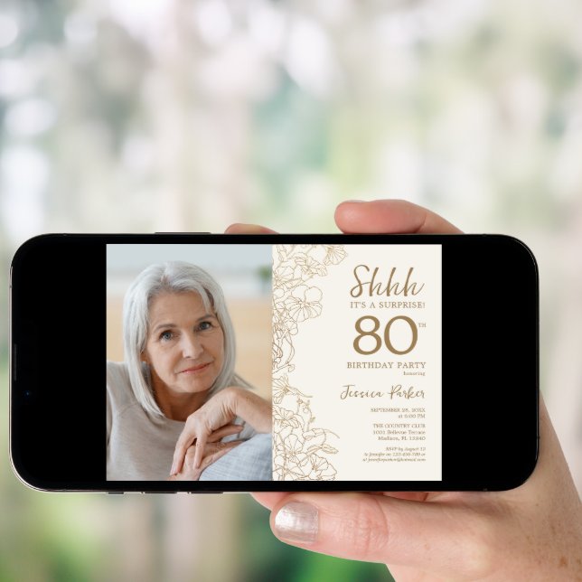 Gold Black Elegant Surprise Photo 80th Birthday Invitation (Front Digital)