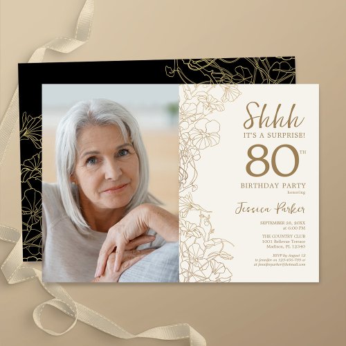 Gold Black Elegant Surprise Photo 80th Birthday Invitation